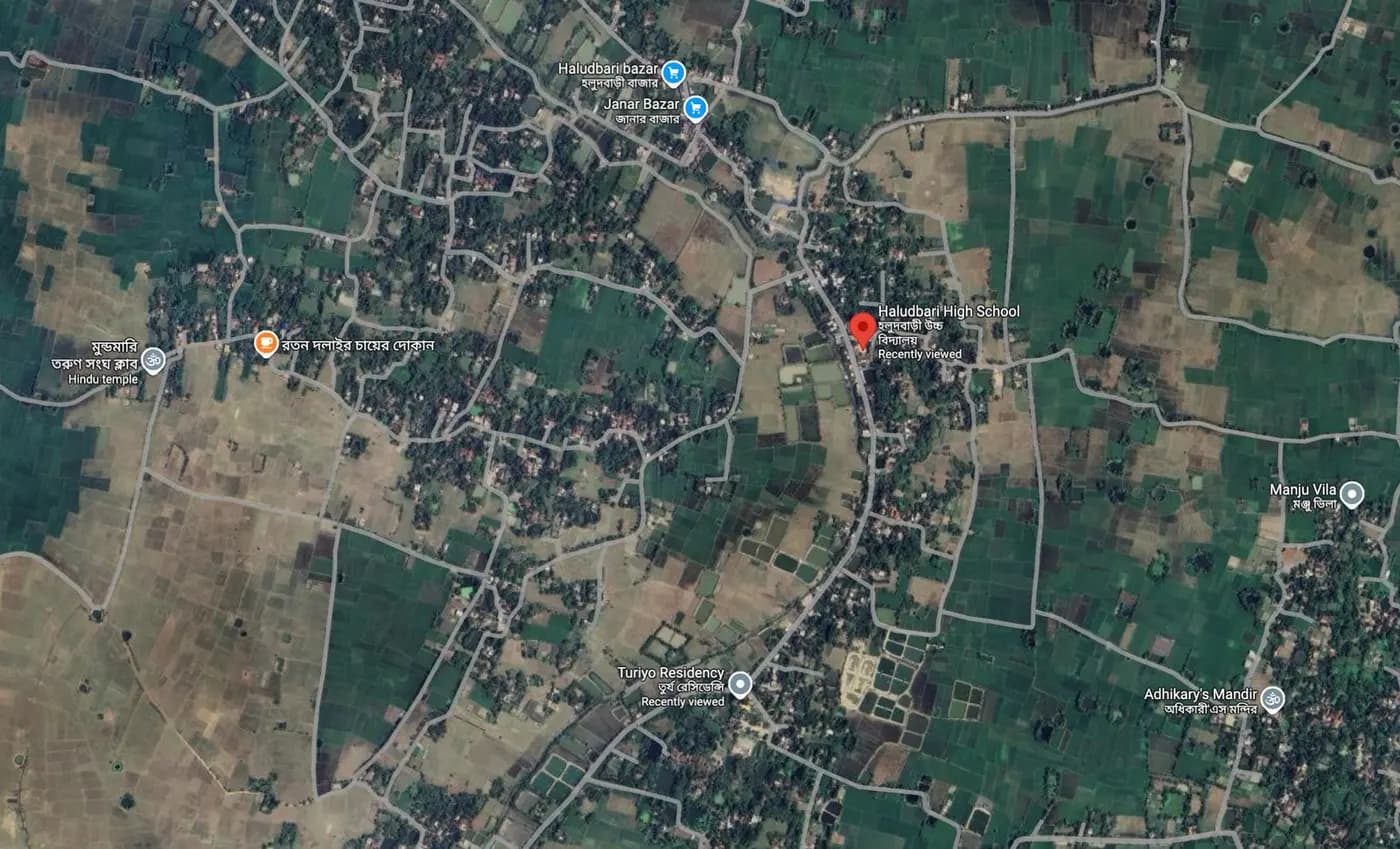 Satellite map of Haludbari showing Haludbari High School and Turiyo Residency