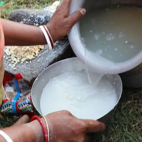 The soaked biuli’r dal poured from a pot into a bowl beside the grinding stone