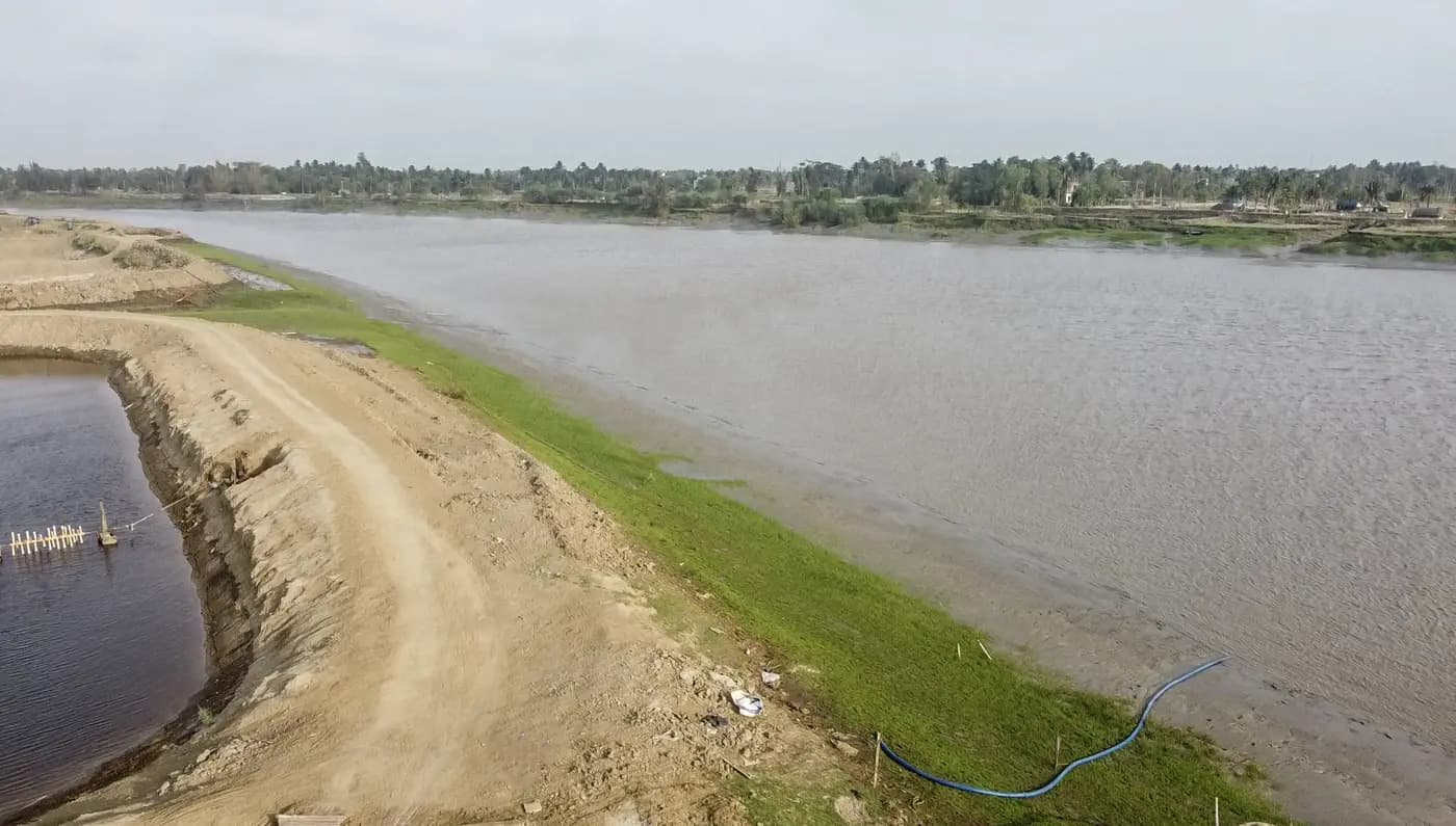 Aerial view of the Rasulpur river and its embankment