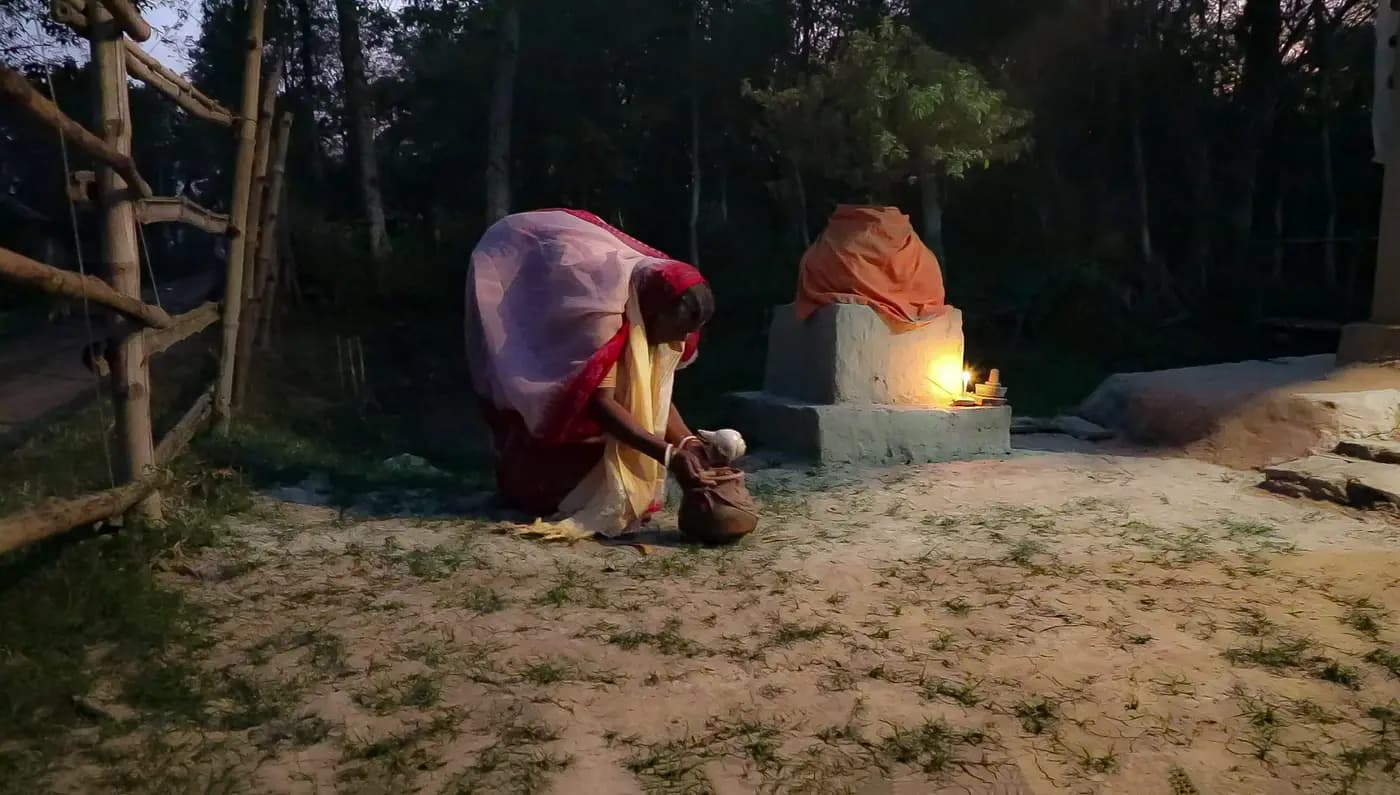 Woman making the evening offering at the tulsi shrine