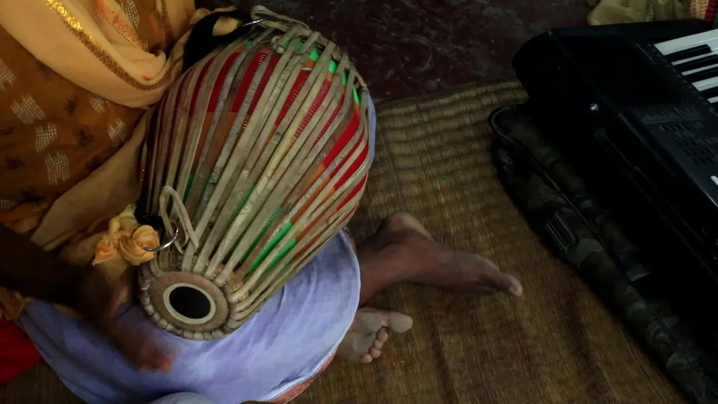 Close-up of a khol drum played at a puja